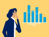 illustration, woman with hand to chin, looking at line and vertical bar chart