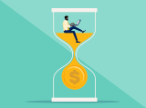 illustration, young man with laptop seated on sand in top portion of hour glass with large coin in bottom