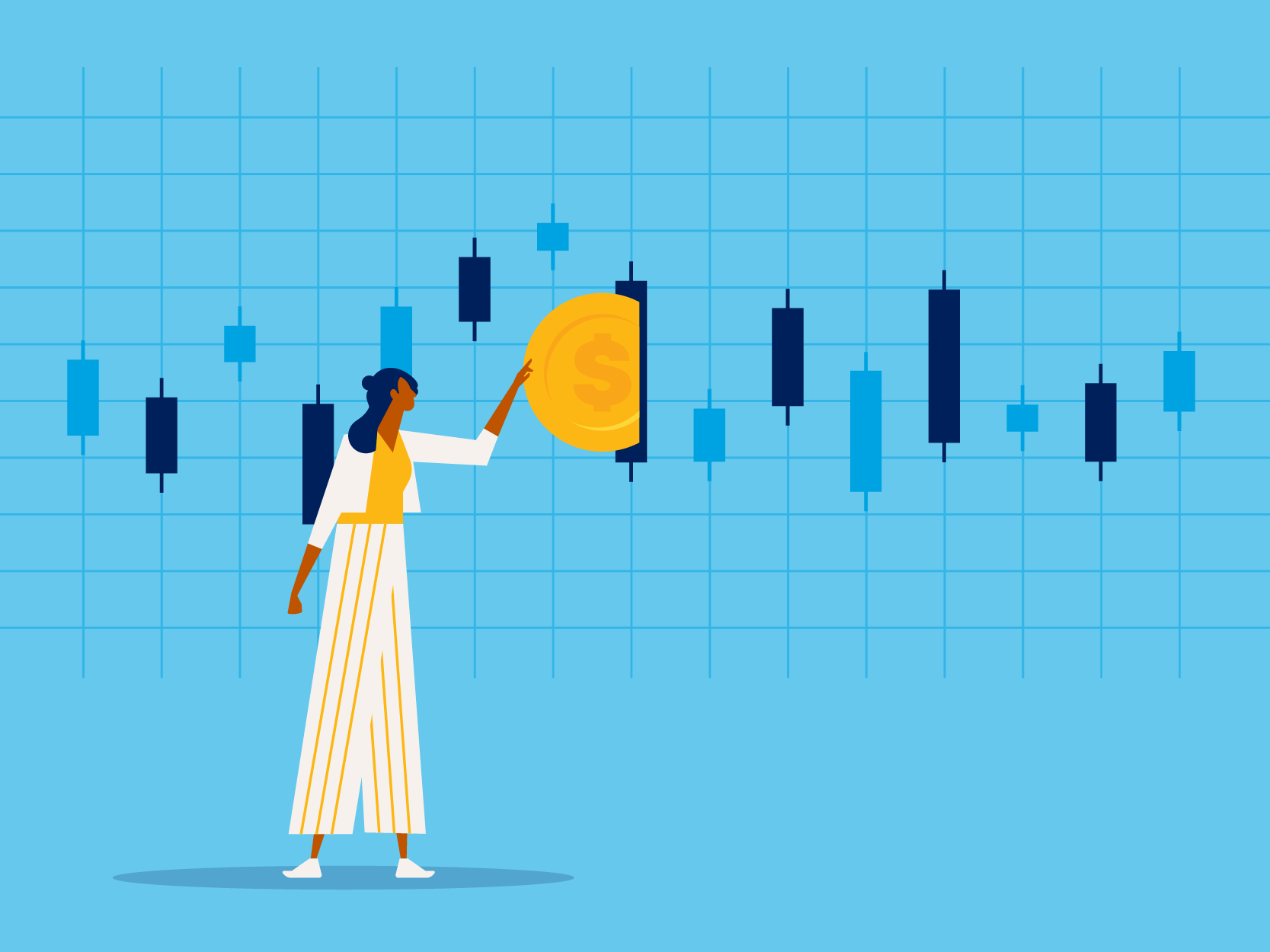 illustration, woman in front of life size vertical bar chart inserting large coin into chart