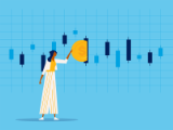 illustration, woman in front of life size vertical bar chart inserting large coin into chart