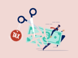 illustration, tax scissors cutting through paper money, carried by running man