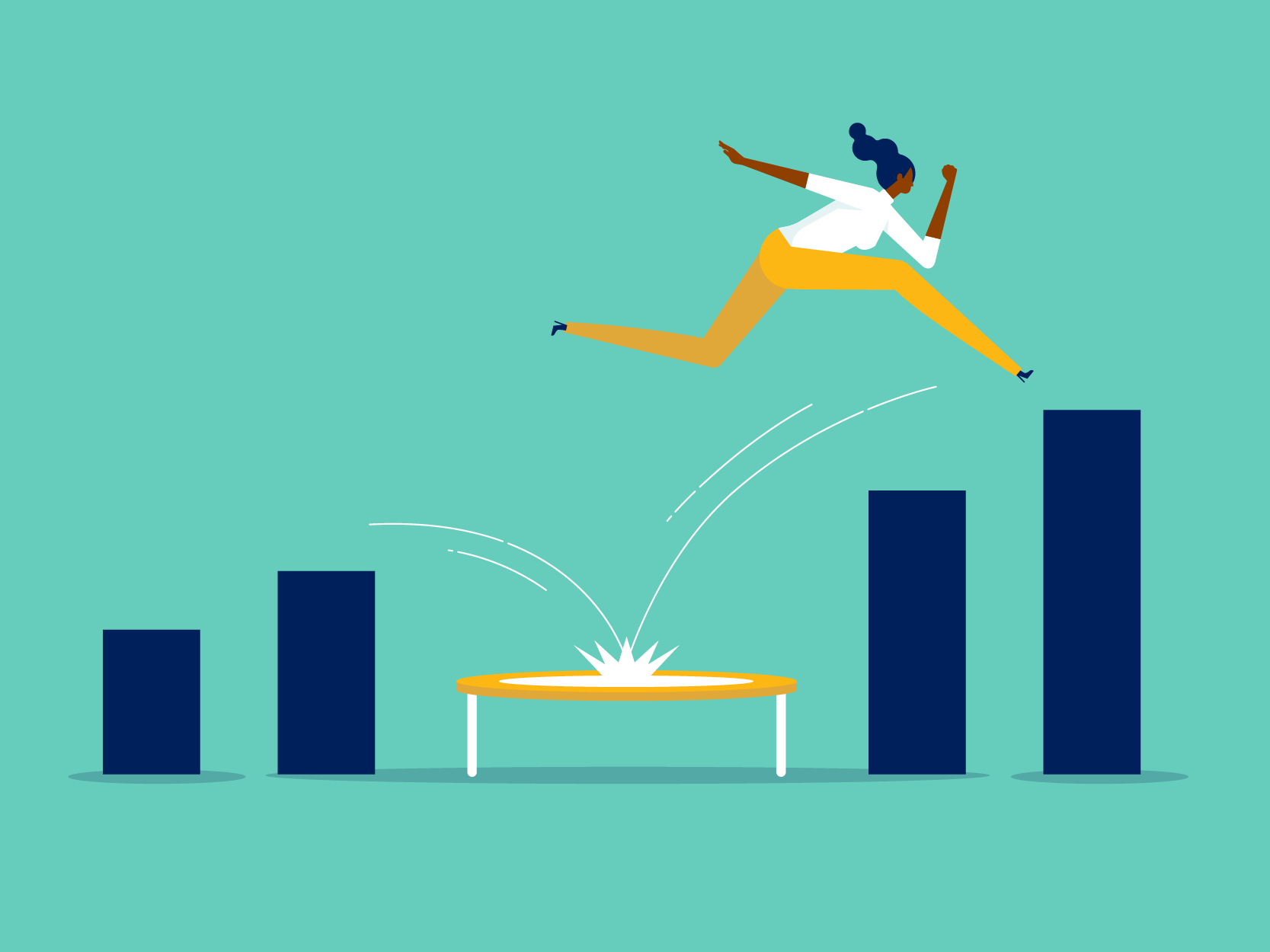illustration, woman running up ascending vertical bars (in chart) with small trampoline in middle