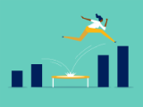 illustration, woman running up ascending vertical bars (in chart) with small trampoline in middle