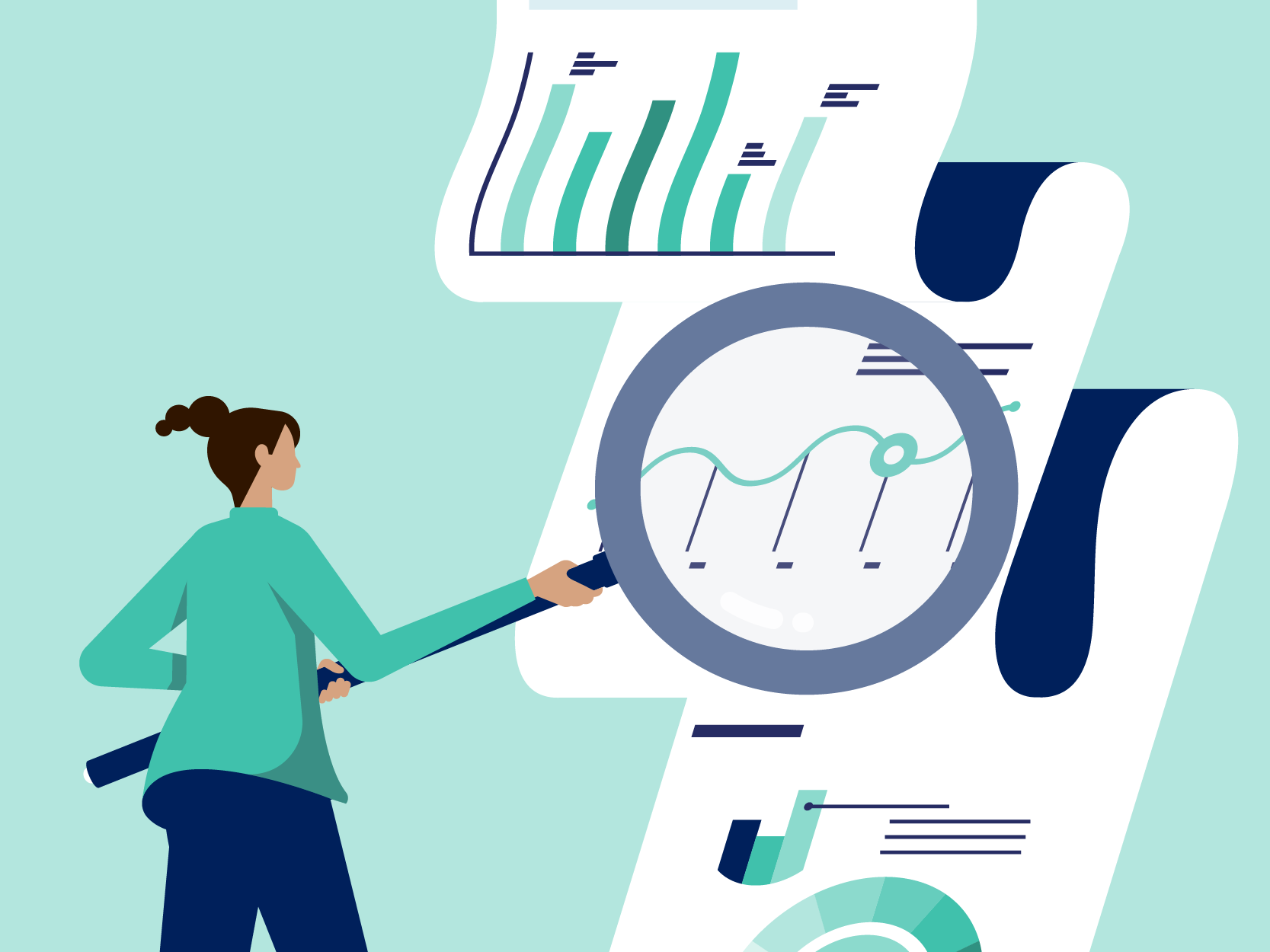 illustration, woman with large magnifying glass staring at three large charts