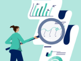 illustration, woman with large magnifying glass staring at three large charts