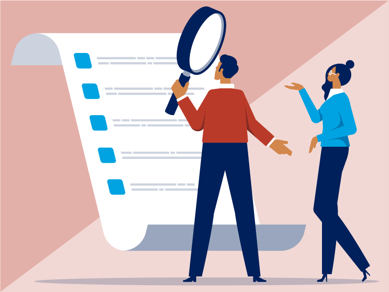 illustration, man and woman looking at open paper scroll with magnifying glass