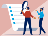 illustration, man and woman looking at open paper scroll with magnifying glass