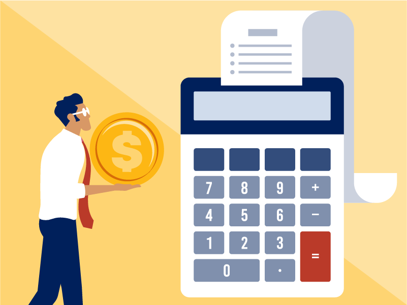 illustration, standing man with large coin in hand next to human size calculator