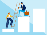 illustration, woman on block climbing ladder held by kneeling man on taller block