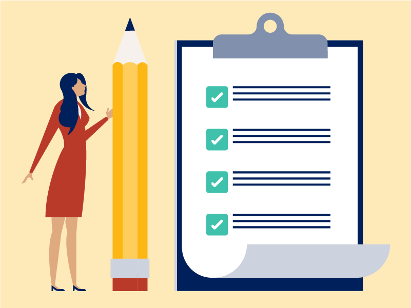 illustration, standing woman with human size pencil next to clipboard with checkmarks