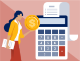 illustration, standing woman with huge coin next to human size calculator