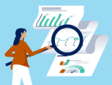 illustration, woman holding magnifying glass looking at charts