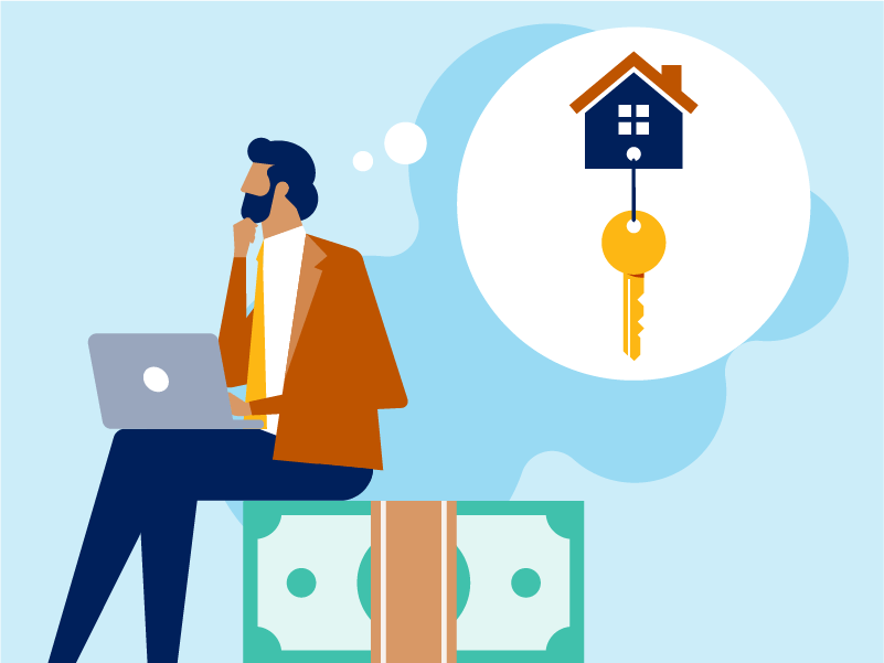 illustration, man with laptop seated on banded money, thought bubble with keys attached to house