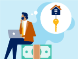 illustration, man with laptop seated on banded money, thought bubble with keys attached to house