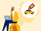 illustration, man with laptop seated on large coin, thought bubble with car attached to price tag