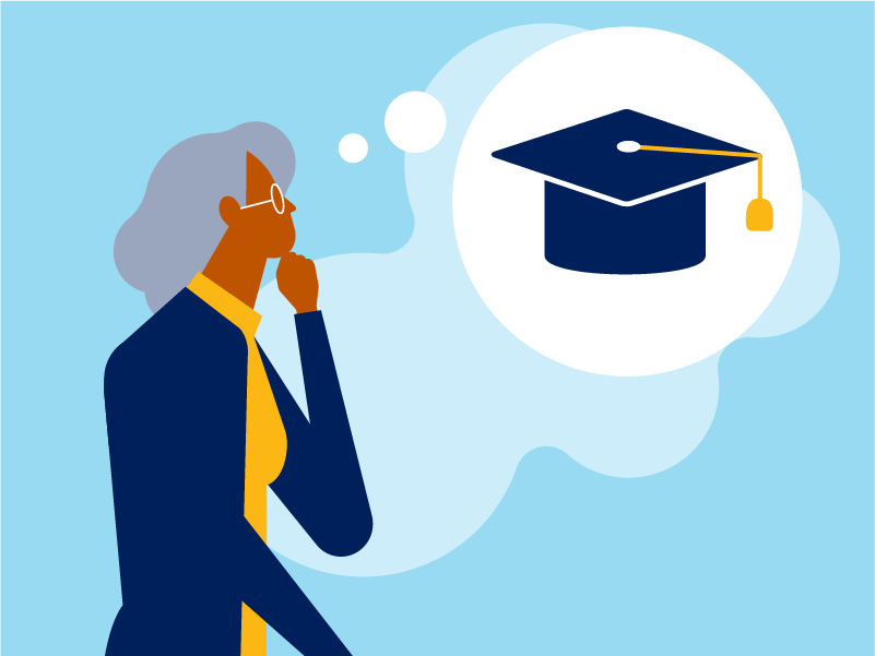 illustration, standing woman, hand to chin, thought bubble with graduation cap