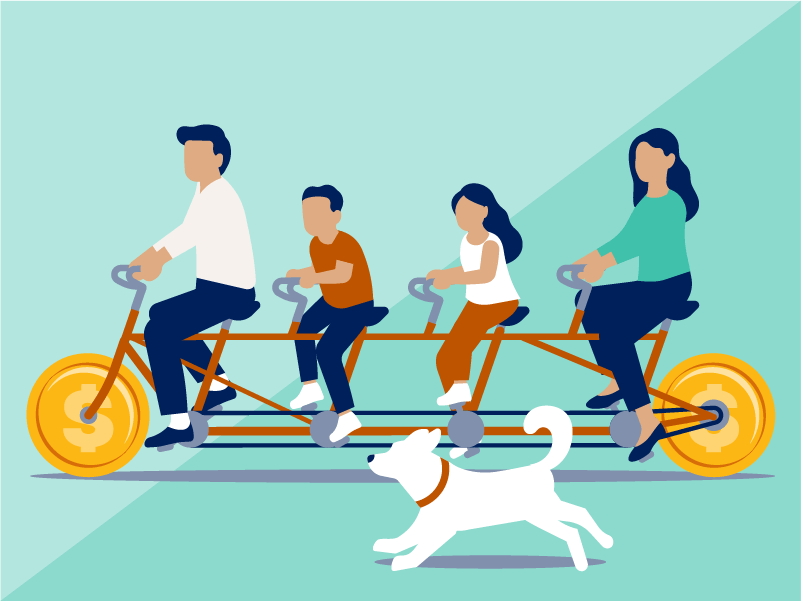 illustration, family on four seat tandem bike riding, running dog next to bike