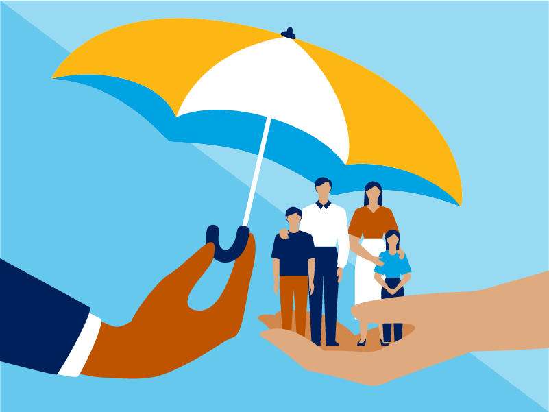 illustration, hand in foreground holding umbrella over family of four in another hand