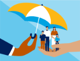 illustration, hand in foreground holding umbrella over family of four in another hand