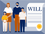 illustration, family on four standing next to life-size will scroll document with seal