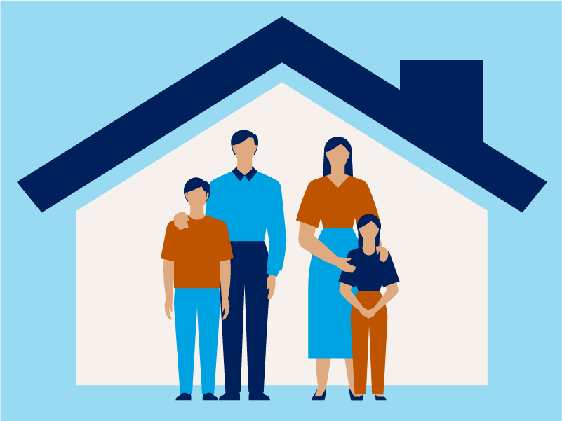 illustration, family of four standing under roof eave in front of house