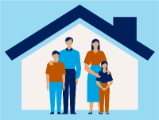 illustration, family of four standing under roof eave in front of house