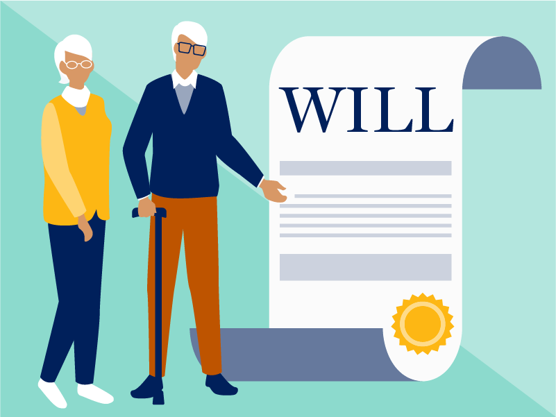 illustration, older couple standing next to life-size will scroll document with seal