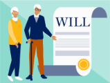 illustration, older couple standing next to life-size will scroll document with seal