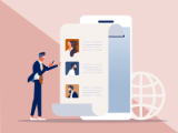 illustration, young man looking at human-size page on his tablet showing advisor choices
