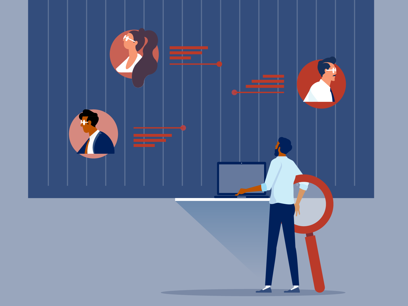 illustration, young man, laptop, magnifying glass looking at large screen of possible financial advisors