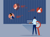 illustration, young man, laptop, magnifying glass looking at large screen of possible financial advisors