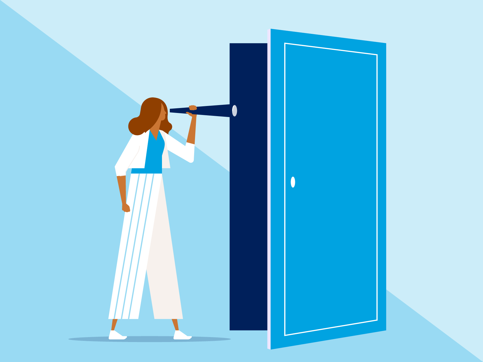illustration, woman with small telescope, looking into room, door ajar