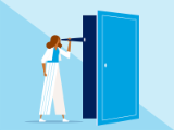 illustration, woman with small telescope, looking into room, door ajar