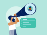 illustration, woman with large telescope, advisor image in end lens piece