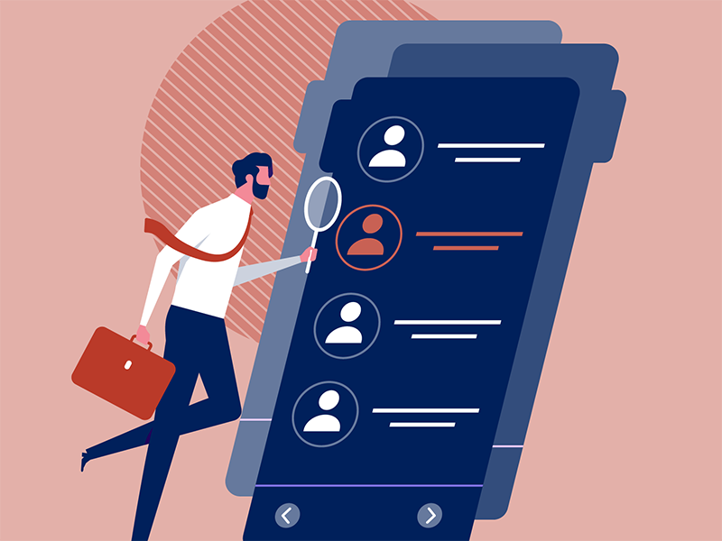 illustration, man with brief case, small magnifying glass looking at large cell phone with advisor choices