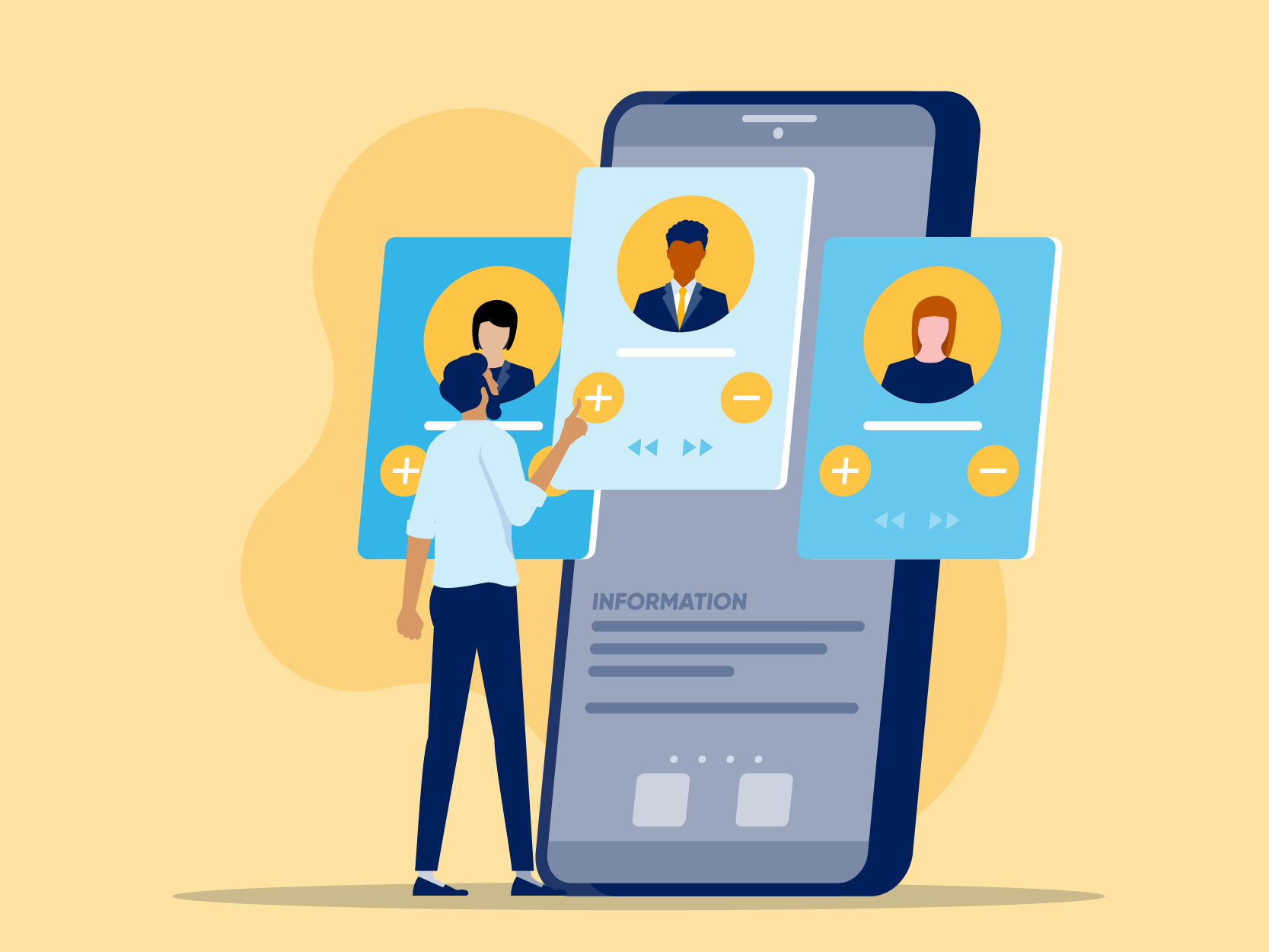 illustration, young man choosing an advisor on his human-size mobile device