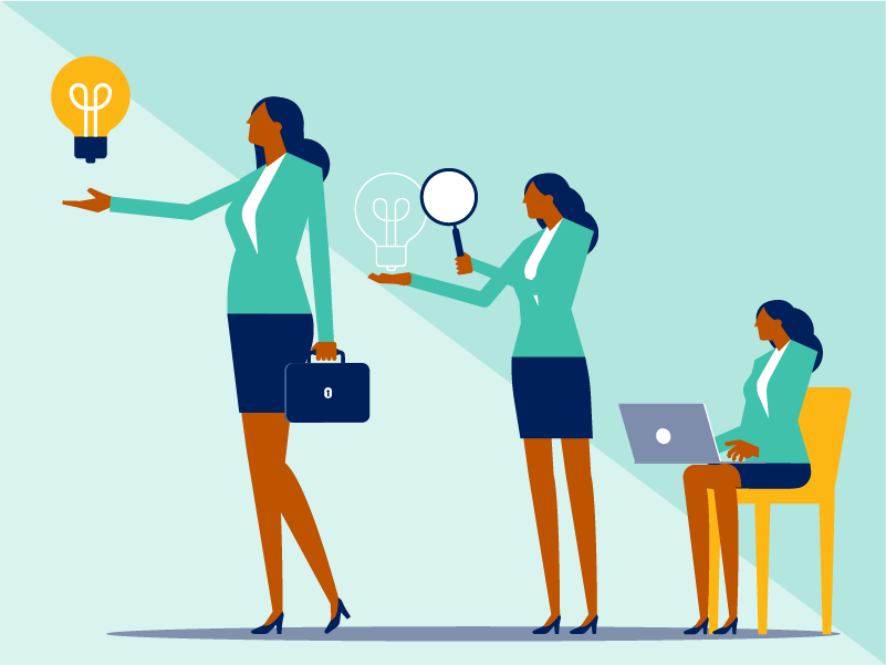 woman in image three times: seated with laptop, standing with magnifying glass, standing with lit lightbulb
