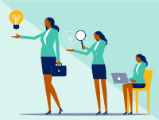 woman in image three times: seated with laptop, standing with magnifying glass, standing with lit lightbulb
