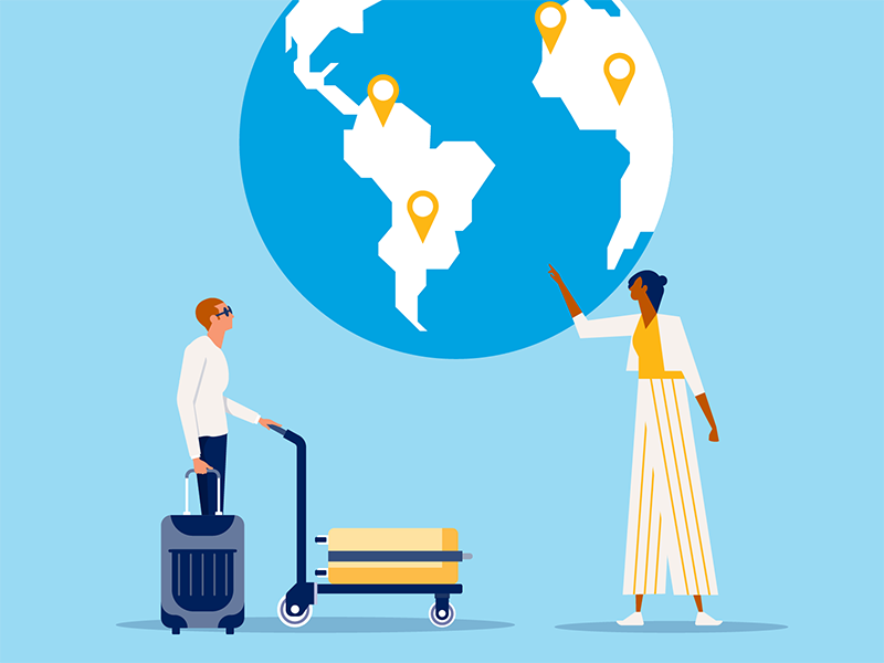 illustration, young man with luggage and young woman pointing towards large globe with intended locations