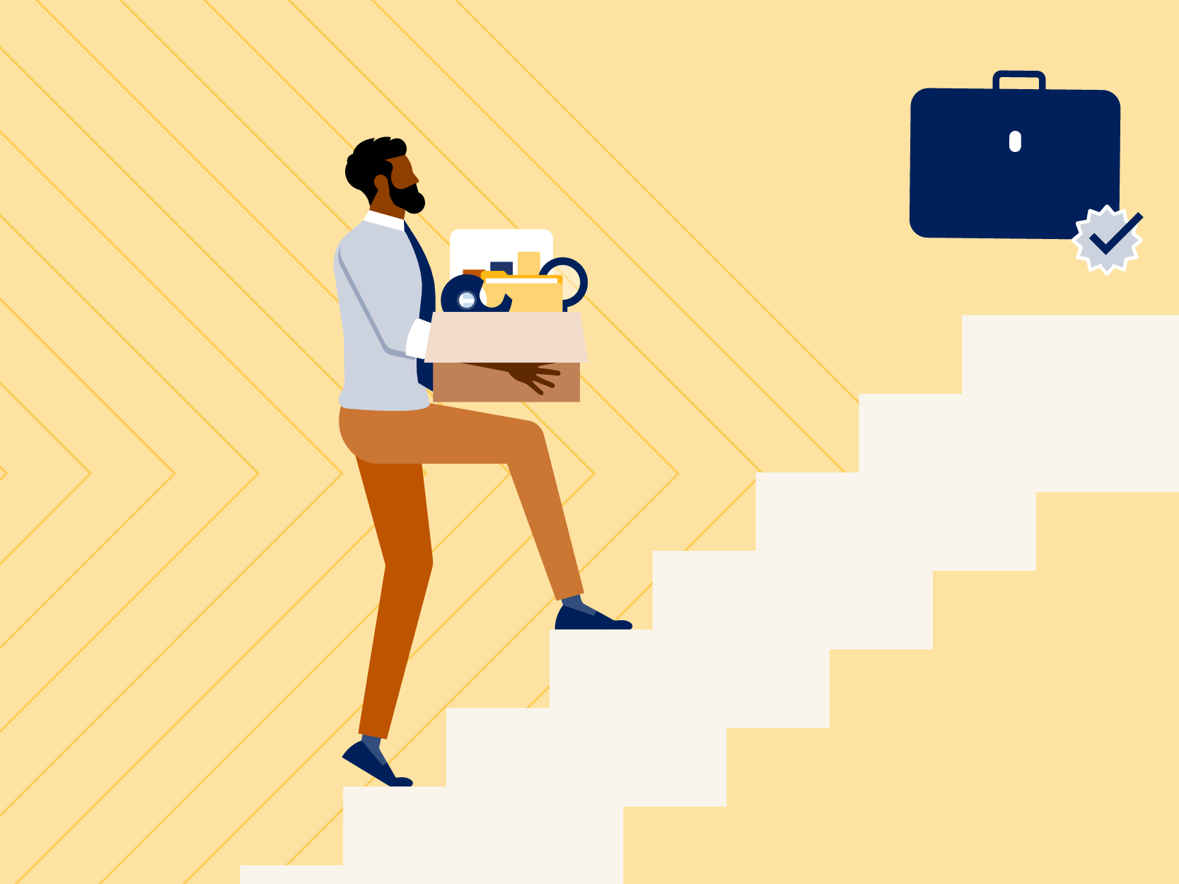illustration, business man carrying open box upstairs to briefcase with checkmark in starburst