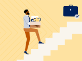 illustration, business man carrying open box upstairs to briefcase with checkmark in starburst