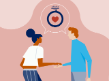 couple facing each other, nearly touching, talking with heart and ring in chat bubble