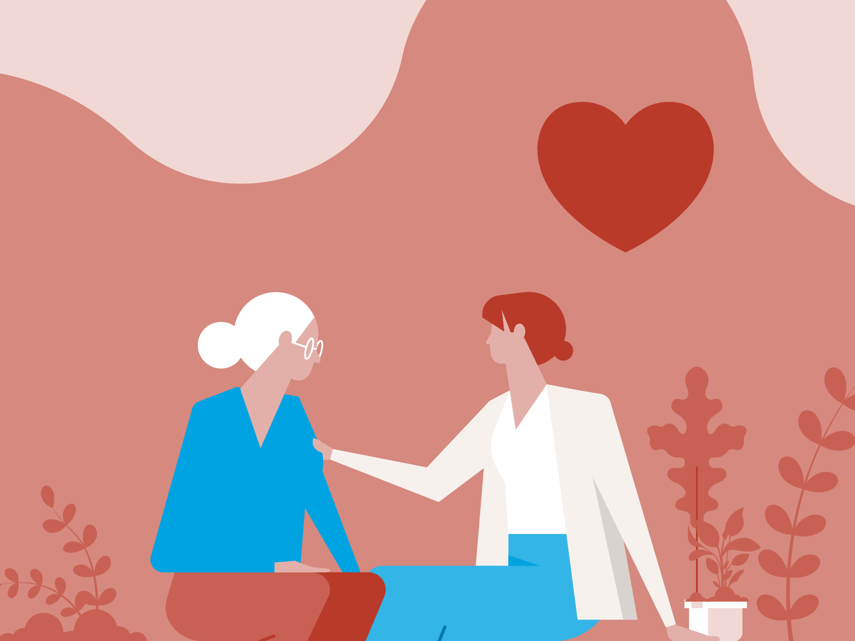 illustration, seated women outdoors (one older) with mountain and heart shape in background