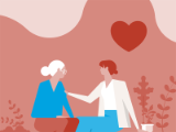 illustration, seated women outdoors (one older) with mountain and heart shape in background