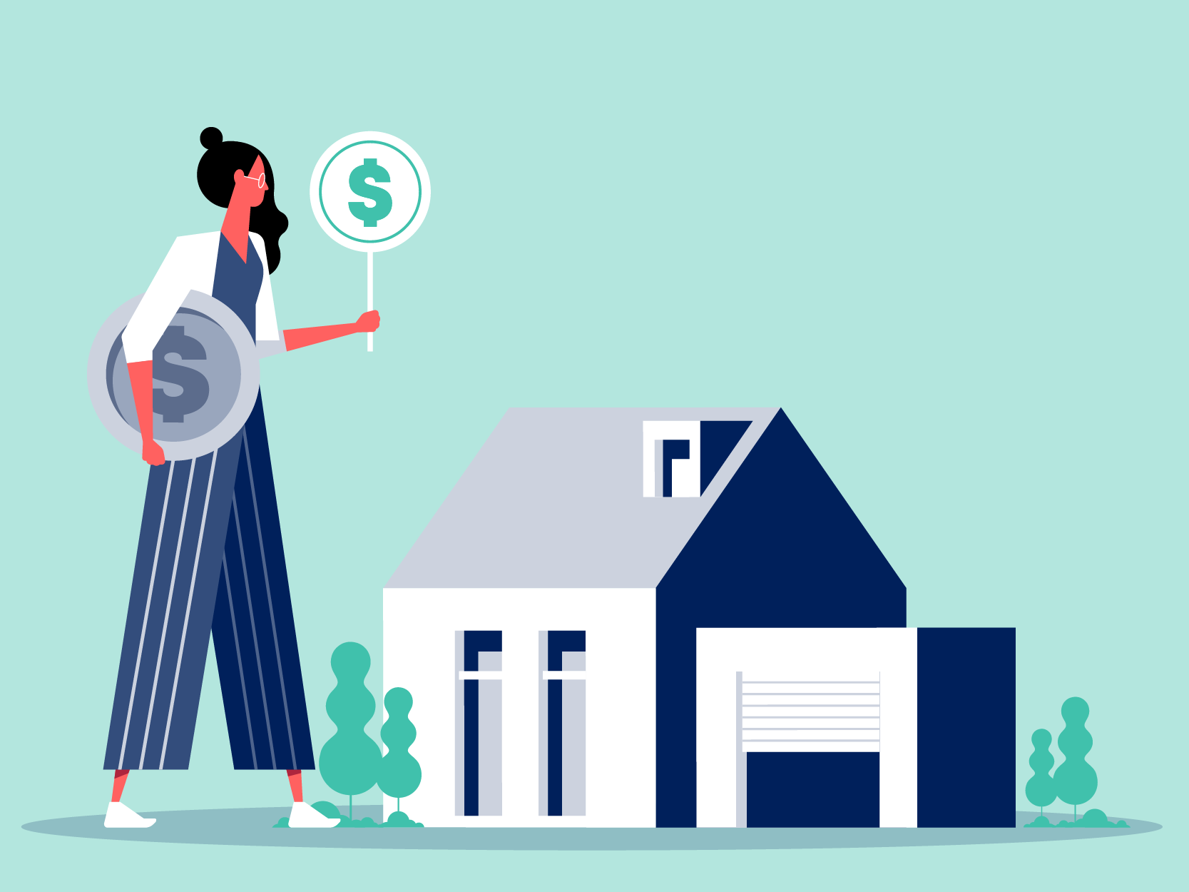 illustration, larger than house-size woman holding large coin and sign standing over house