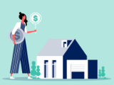 illustration, larger than house-size woman holding large coin and sign standing over house