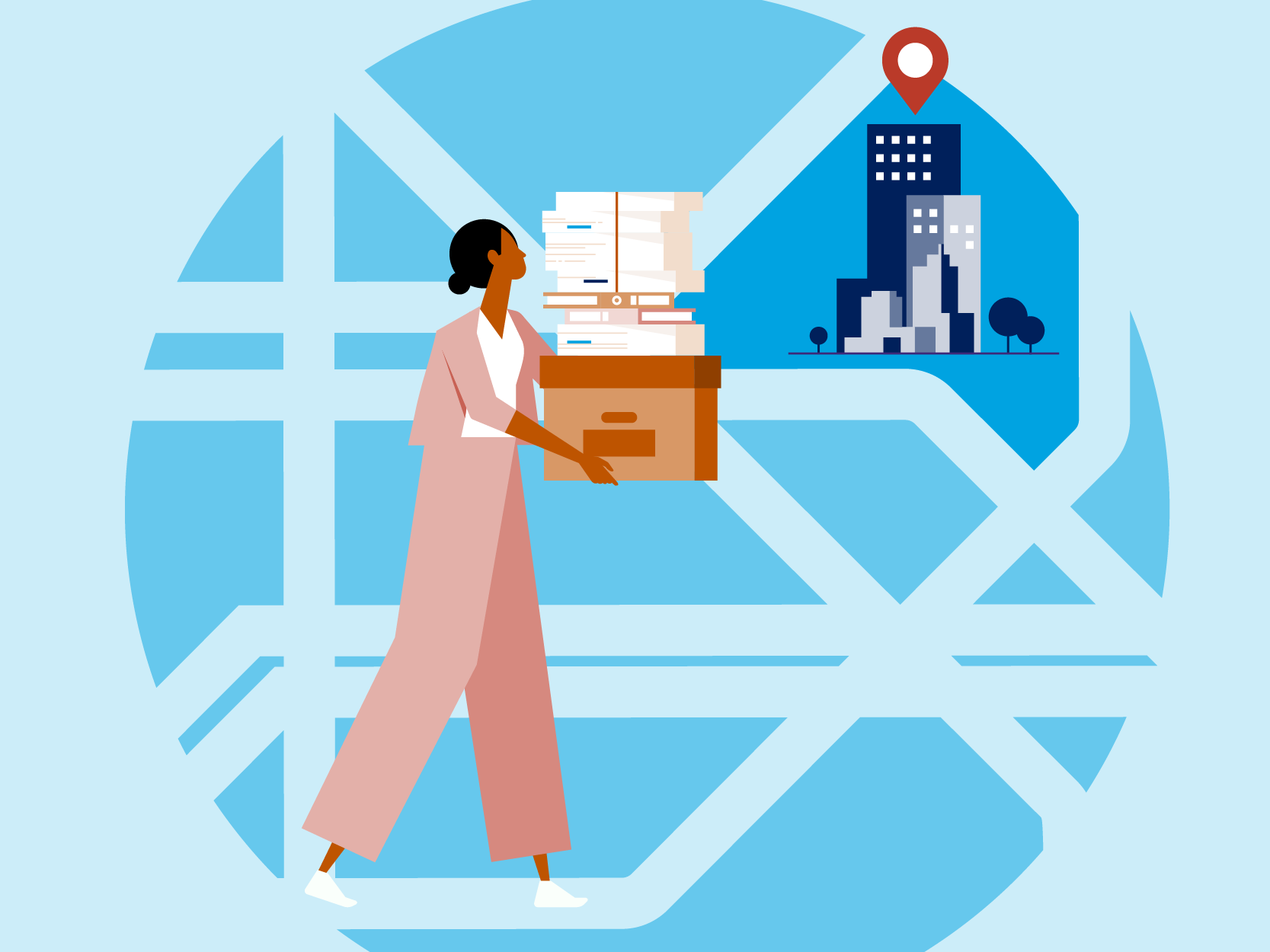 illustration, woman with closed box and smaller boxes on top, taking path to building with location icon