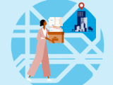 illustration, woman with closed box and smaller boxes on top, taking path to building with location icon