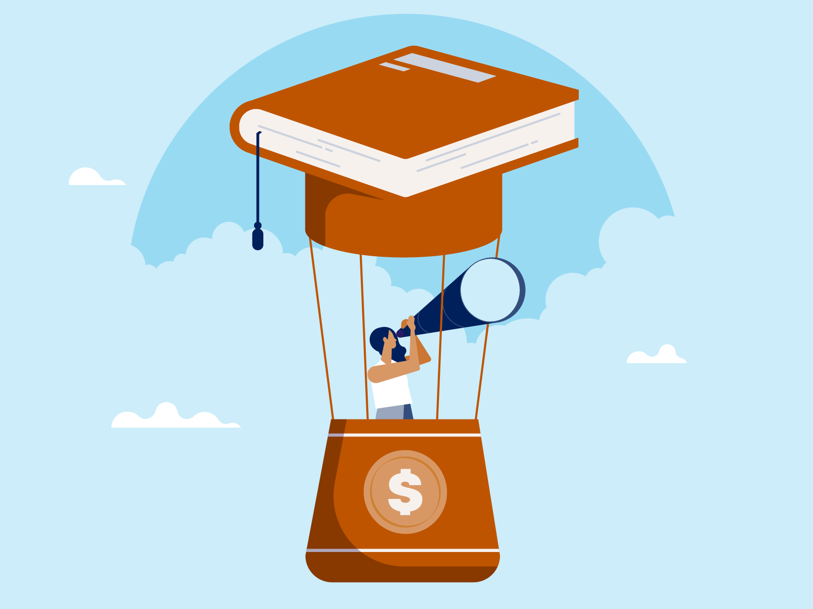 illustration, young woman in hot air ballon (with book on top) looking through large telescope