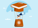 illustration, young woman in hot air ballon (with book on top) looking through large telescope
